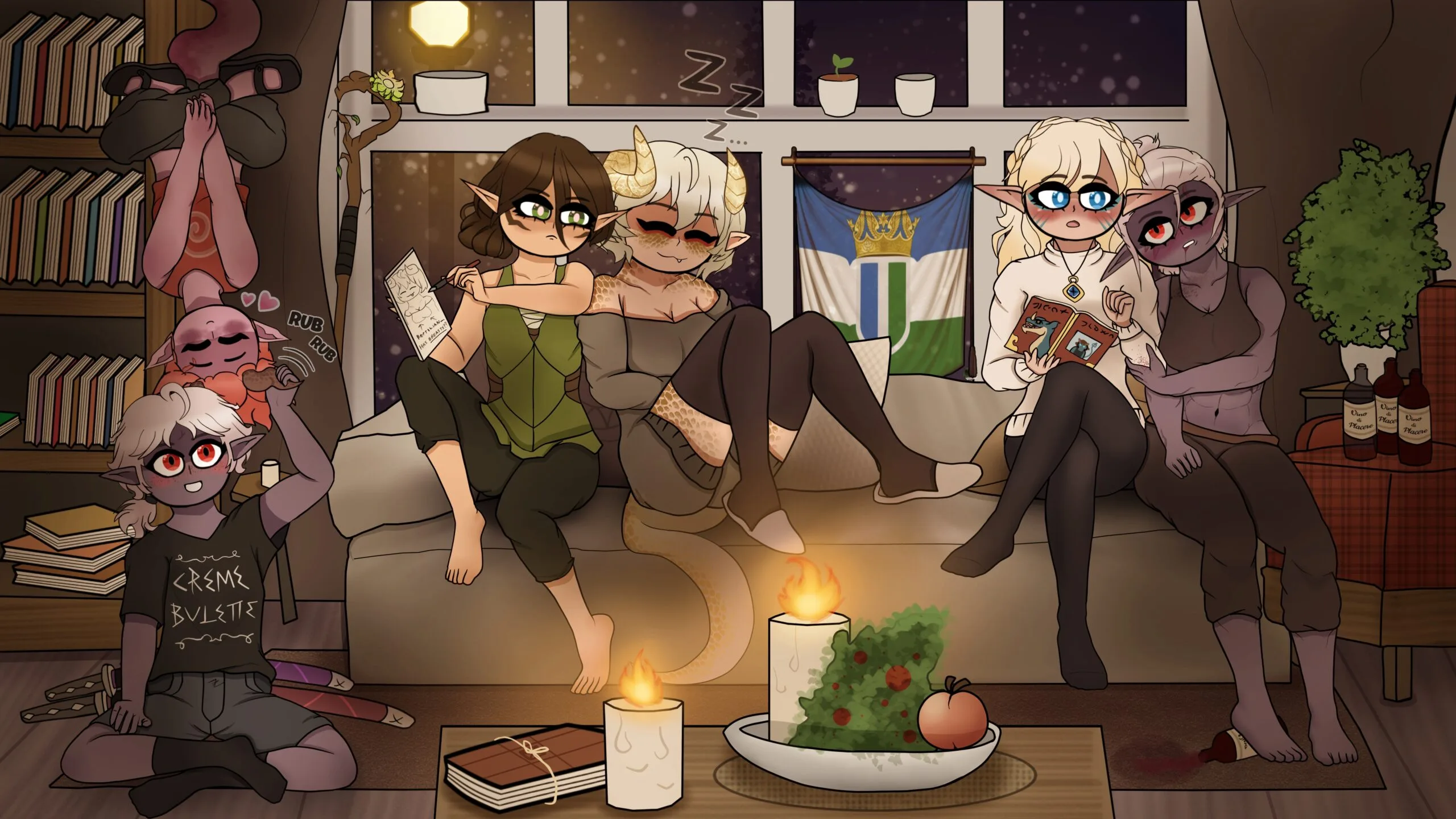 Cozy party art of the Questing Dragons crew relaxing at Syndra's place